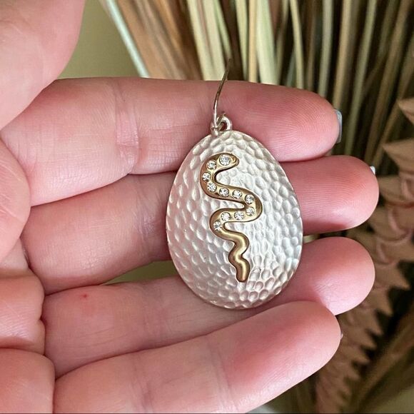 Two-Tone Brushed Silver And Gold Crystal Snake Earrings - Picture 7 of 7